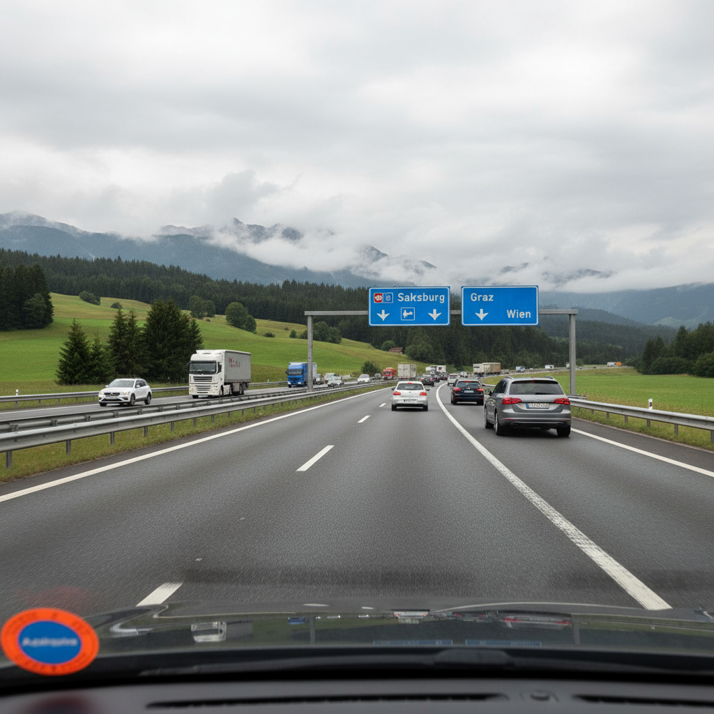 Österreichische Autobahn mit Vignetten-Hinweis